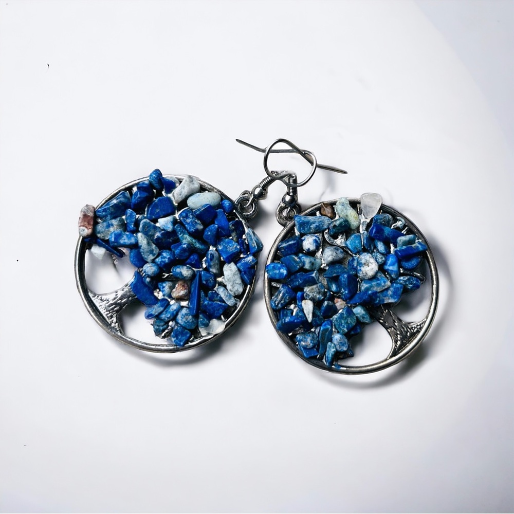 NEW Lapis Lazuli Blue Tree of Life Dangle Silver Tone Earrings Bohemian Earth